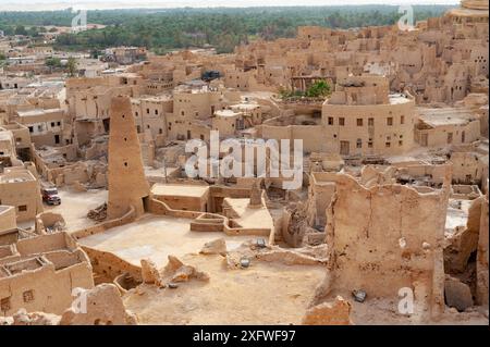 View of the mud brick houses at night inside the ancient fortress of Shali in Siwa Oasis. The Siwa Oasis, an urban oasis in Egypt situated between the Qattara Depression and the Great Sand Sea in the Western Desert of North Africa. Stock Photo