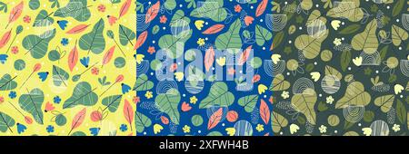 Bright exotic elements seamless pattern collection. Colorful summer floral pattern. Leaves and flowers on background. Floral spring vector illustratio Stock Vector