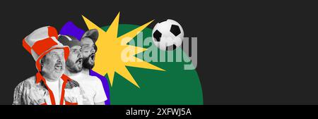 Three men, sport fans singing anthem, getting ready to watch soccer match and support team, Abstract background with soccer ball. Contemporary art Stock Photo