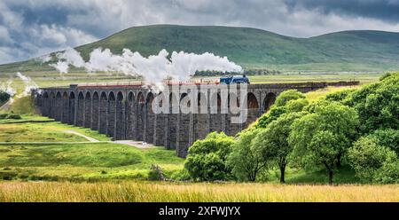 The image is of the BR, LNER A4 Pacific Class, 4-6-2, 60007, Sir Nigel Gresley steam train crossing the Ribblehead viaduct in the Yorkshire Dales Stock Photo