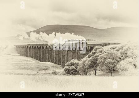 The image is of the BR, LNER A4 Pacific Class, 4-6-2, 60007, Sir Nigel Gresley steam train crossing the Ribblehead viaduct in the Yorkshire Dales Stock Photo