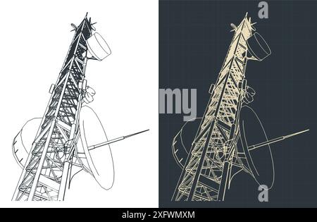 Telecommunications tower with repeaters and antennas technical drawings Stock Vector