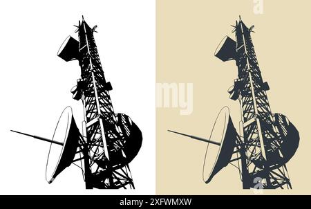 Telecommunications tower with repeaters and antennas close-up Stock Vector