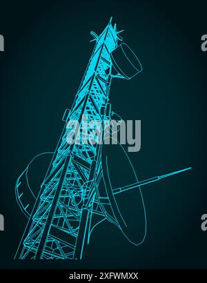 Telecommunications tower with repeaters and antennas close-up Stock Vector