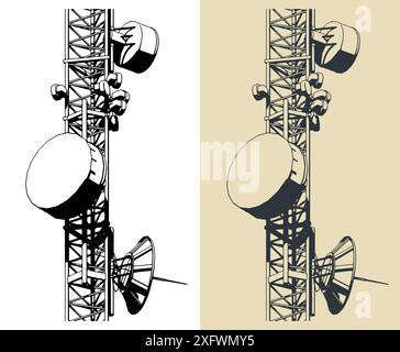 Telecommunications tower with repeaters and antennas close-up Stock Vector