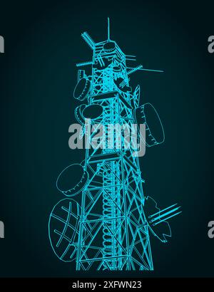Telecommunications tower with repeaters and antennas close-up Stock Vector
