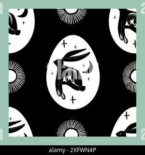 Black and White Happy Easter Linocut Seamless Pattern Stock Vector