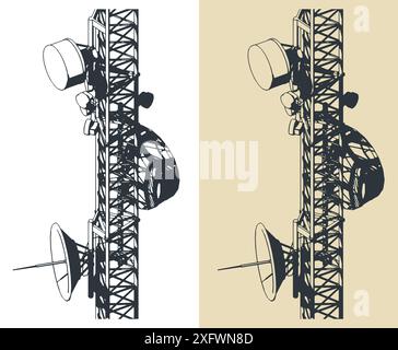 Telecommunications tower with repeaters and antennas close-up Stock Vector