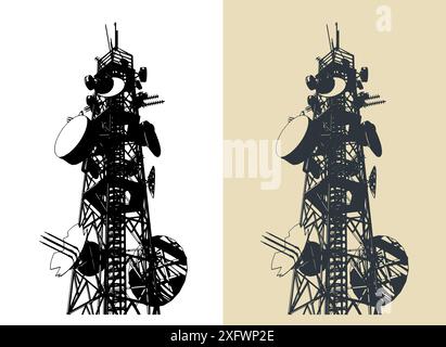 Telecommunications tower with repeaters and antennas close-up Stock Vector