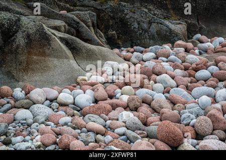 Collection of pebbles near rocks at beach Stock Photo