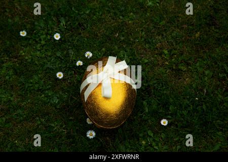 Golden Easter egg with tied up ribbon on grass Stock Photo