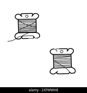 Set of sewing threads. Hand drawn Vector illustration of two Skeins for Needlework. Spool for seamstress in doodle style, isolated on white background Stock Vector
