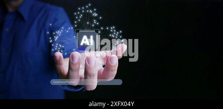 Ai technology. Writing a command prompt to generate outcomes. A man using tech of smart artificial intelligence processor by typing a prompt to ommuni Stock Photo