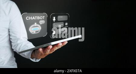 Chat with Ai. A man using chatbot application technology to communicate with artificial intelligence on a virtual screen via his tablet Stock Photo
