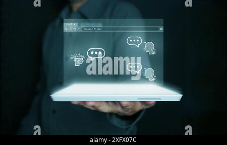 Chat with Ai. A man using chatbot application technology to communicate with artificial intelligence on a virtual screen via his tablet Stock Photo