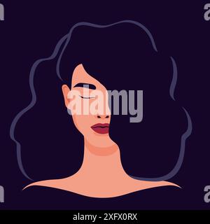 Portrait of beautiful brunette woman with closed eyes and hair covering half of face. Young female with black hair and red lips abstract avatar Stock Vector