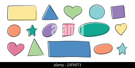 Set of doodle geometric shapes in childish style. Different hand drawn doodle quote frames. Square, circle, triangle, star, heart shape. Vector illust Stock Vector
