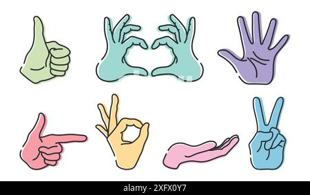 Hands with gestures OK, peace sign, thumb up, pointing index finger, showing heart, cupped hand, open palm. Line icons set isolated on white backgroun Stock Vector