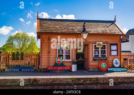 A collection of replica railway locomotive nameplates at Williton station on the West Somerset Railway, England, UK Stock Photo