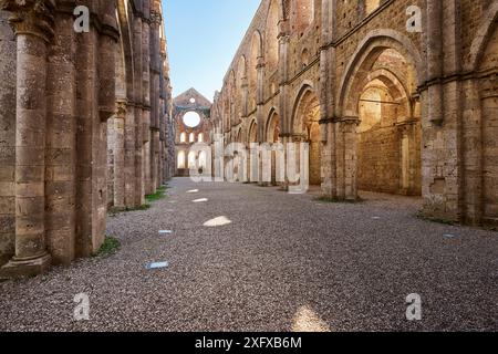 Ruined Italian Gothic Abbazia di San Galgano (Abbey of San Galgano), Tuscany, Italy Stock Photo