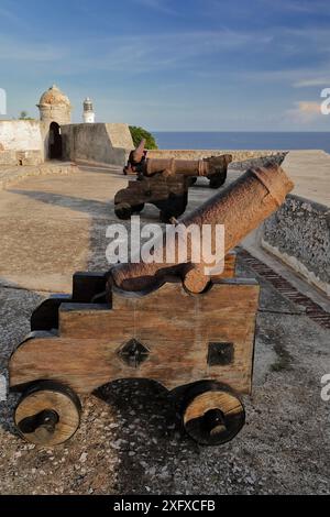 471-Rusty antique cannons battery on the Santisima Trinidad-Holy Trinity platform, Castillo San Pedro del Morro Castle south bulwark. Santiago-Cuba. Stock Photo