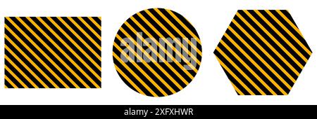 Warning striped rectangular, circle and polygon background. Black and yellow stripes on the diagonal. Stock Vector