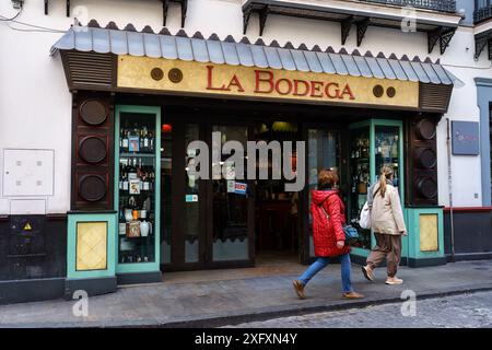 Seville, Spain. February 5, 2024 - La Bodega Restaurant storefront. Stock Photo