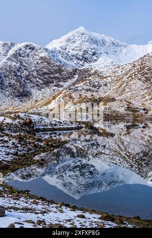 Mount Snowdon and derelict buildings of Britannia Copper Mine reflected in Llyn Llydaw. Snowdonia National Park, Gwynedd, Wales UK. March 2018. Stock Photo