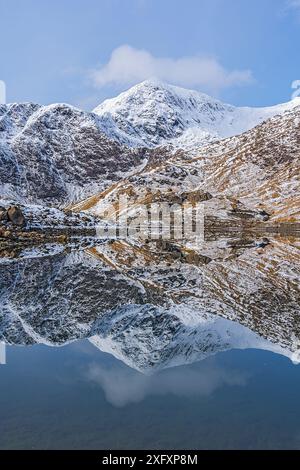 Mount Snowdon and derelict buildings of Britannia Copper Mine reflected in Llyn Llydaw. Snowdonia National Park, Gwynedd, Wales UK. March 2018. Stock Photo