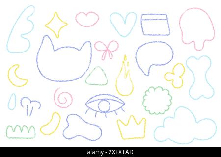 Colored elements, letters, doodle figures silhouette, wax crayon drawings, school children drawings on white background. vector Stock Vector