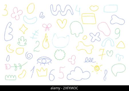 Colored elements, letters, doodle figures, wax crayon drawings, school children drawings on white background. vector Stock Vector
