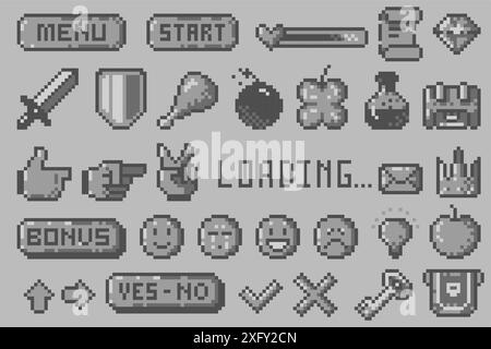 Pixel 8 bit black symbols. Emoticons, cursor, arrow, sound, text bobbles, health scale, game menu, UI interface icons. Vector isolated set. Stock Vector