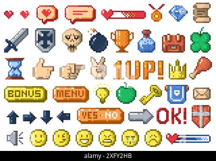 Pixel game ui icons. Retro video game interface buttons and elements, 8 bit app menu design template. Vector isolated collection. Stock Vector