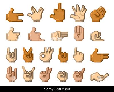 Retro 8 bit hands. Old school pixel human palms with fingers, 8 bit game sprite asset. Vector retro thumbs up and down gestures isolated set. Stock Vector