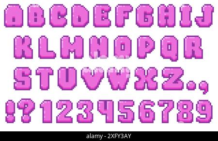 Game 8-bit pixel typeface. Retro arcade video game alphabet, 80s 90s console text typeset, old school pixelated typography. Vector isolated set. Stock Vector