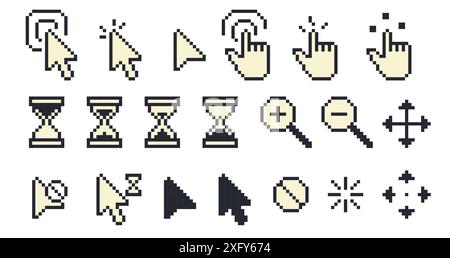 Pixel cursors. Retro vintage pointer cursor arrow hand finger icons, 8 bit computer game mouse pointer and finger tap touch click. Vector pixel Stock Vector