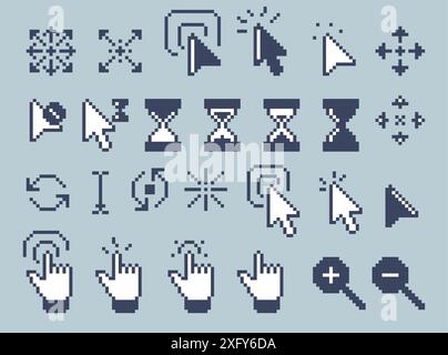 Retro cursors. Pointer arrow cursor hand finger mouse click icons, retro 90s computer technology elements for website and app design. Vector retro Stock Vector