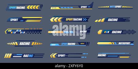 Sport car stripes. Racing car stripe vinyl decals and stickers, automobile vinyl wrap, fast car emblem and badge, motorbike race vehicle graphic Stock Vector