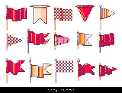 Pixel flags. Retro 8 bit checkered red triangle and rectangular flag icons, vintage game asset, marker and wavy banner button web design element Stock Vector