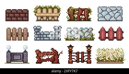 Pixel 8 bit fences. Retro fence wooden plank stone metal brick wall, vintage 2D game asset, cartoon old rural boundary. Vector pixel fence isolated Stock Vector