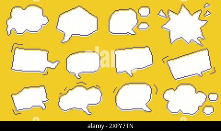 Pixel speech bubbles. Retro comic chat messages speech bubble frame elements, bit game dialog bubble sticker with text. Vector speech bubbles isolated Stock Vector