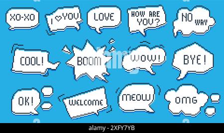 Pixel bubbles message. Retro comic chat bubble with dialogue word, geek gamer comic cloud frame message for comic game web design. Vector pixel bubble Stock Vector