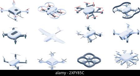Isometric drones. Aerial drone unmanned remote control surveillance multicopter vehicles, wireless robotic helicopter copter technology. Vector Stock Vector