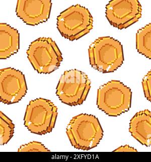 Pixel coin seamless pattern. Retro 8 bit golden coins arcade game background, old video game graphic element. Vector pixelated background with 80s old Stock Vector