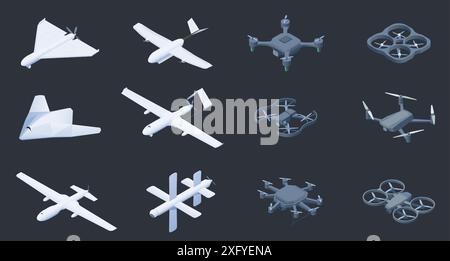 Isometric unmanned aerial vehicles. Military drone and spy plane unmanned with camera, airplane with autopilot and laser guided missile. Vector Stock Vector