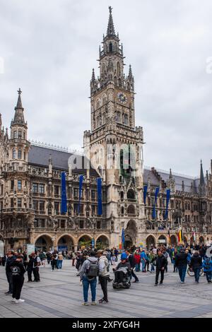 On Marienplatz in Munich stands the town hall with the carillon in the town hall tower Stock Photo