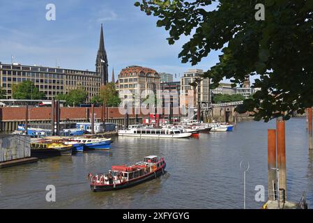 Europe, Germany, Hanseatic City of Hamburg, Inland Port, Quay High Bridge, Lock House on Nikolaifleet, Tower of St. Nicholas Church Stock Photo