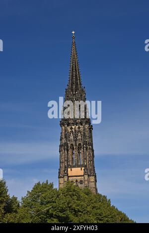 Europe, Germany, Hanseatic city of Hamburg, Ruins of the main church of St. Nikolai on Hamburg's Hopfenmarkt, St. Nikolai memorial, former main church, built in 1847 Stock Photo