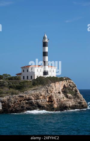 Portocolom lighthouse (also known as 'Far de Sa Punta de Ses Crestes'), Portocolom, Migjorn region, Mallorca, Balearic Islands, Spain, Europe Stock Photo