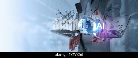 Businessman presenting AI technology with digital connections including a globe, molecular structures, and digital connections,AI, technology, and inn Stock Photo